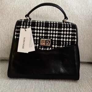 Brahmin Small Hallie Satchel – Black & White Tweed Leather